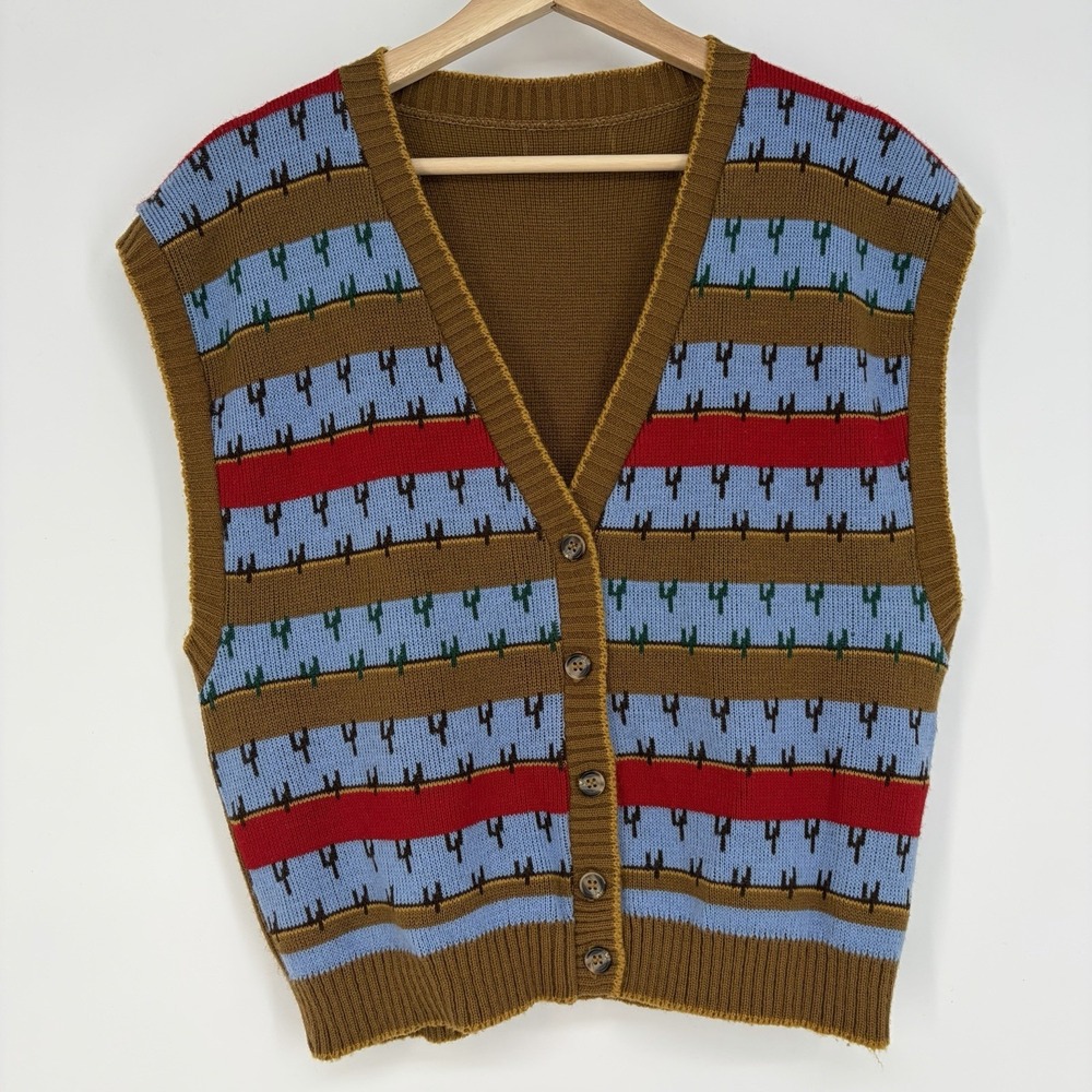Vtg 70s 80s Cactus Knit Sweater Vest Size 21x22 Striped Brown Desert Nerd Grunge